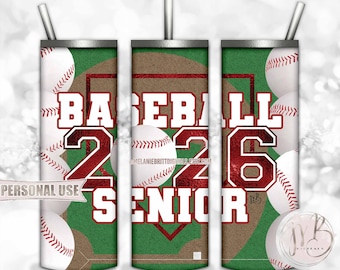Maroon Baseball Senior 2026 20oz Skinny Tumbler Wrap Sublimation Download • Senior Night Baseball Graduate Gift • DIY Print and Press