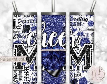 Blue Cheer Mom Glitter 20oz Skinny Tumbler Wrap Sublimation Design Download • Typography Pom Megaphone Cheer Mom Gift • DIY Print & Press
