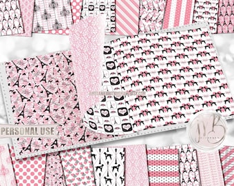 Pink and Black Paris Scrapbook Paper Download • Eiffel Tower Romantic Love Vacation Honeymoon • DIY Printable Paper Crafts 20 12x12 JPG PDF