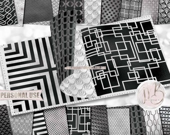 Modern Monochrome Scrapbook Paper Download • Black and White Shimmering Foil Design • Printable Paper Crafts 20 12x12 JPG & PDF