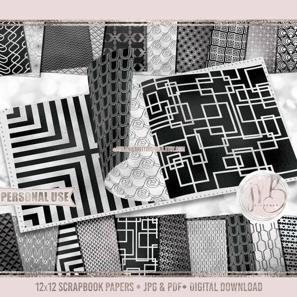 Modern Monochrome Scrapbook Paper Download • Black and White Shimmering Foil Design • Printable Paper Crafts 20 12x12 JPG & PDF