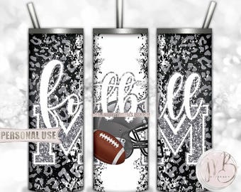 Silver Football Mom 20oz Skinny Tumbler Wrap Sublimation Design • Football Helmet Leopard Print Sports Mom Gift • DIY Print and Press