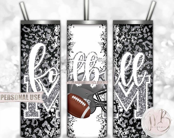 Silver Football Mom 20oz Skinny Tumbler Wrap Sublimation Design • Football Helmet Leopard Print Sports Mom Gift • DIY Print and Press