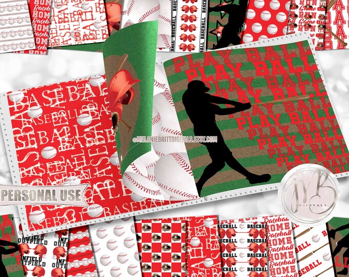 Red Baseball Scrapbook Paper Download • Baseball Helmets Bat Mitt Field School Sports • DIY Scrapbooking Printable