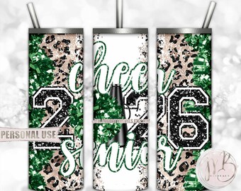 Green Cheer Senior 2026 20oz Skinny Sublimation Tumbler Wrap Design • Pom Pom Megaphone Classic Leopard Print • DIY Print and Press