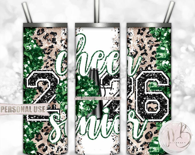 Green Cheer Senior 2026 20oz Skinny Sublimation Tumbler Wrap Design • Pom Pom Megaphone Classic Leopard Print • DIY Print and Press
