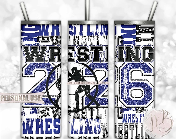 Blue Girl Wrestling Senior 2026 20oz Skinny Tumbler Wrap Sublimation Download • Wrestler Grad Gift Wrestling Typography • DIY Print & Press