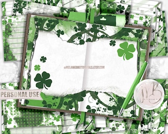 St Patrick's Day Watercolor Junk Journal Pages Download • Messy Painted Shamrocks and Clovers • DIY Printable Journal 20 11x8.5 JPG & PDF