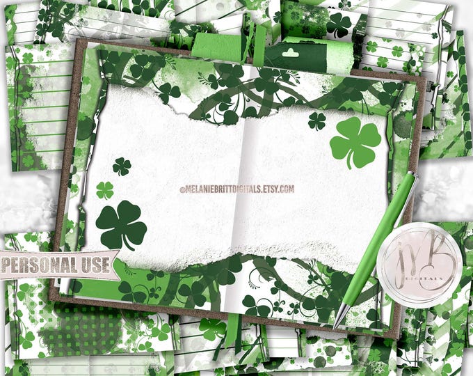 St Patrick's Day Watercolor Junk Journal Page Download • Messy Painted Shamrocks and Clovers • Journaling Printable