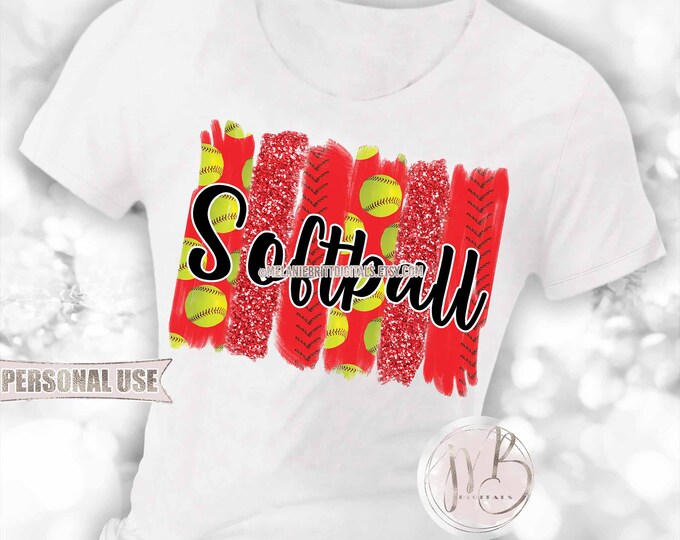 Red Softball T-Shirt Sublimation Design Download • Glitter Sport Brush Strokes School Softball Shirt Gift • DIY Print and Press