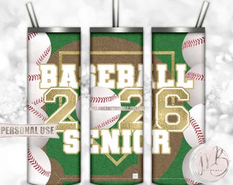 Gold Baseball Senior 2026 20oz Skinny Tumbler Wrap Sublimation Design Download • Senior Year Baseball Grad Gift • DIY Print and Press