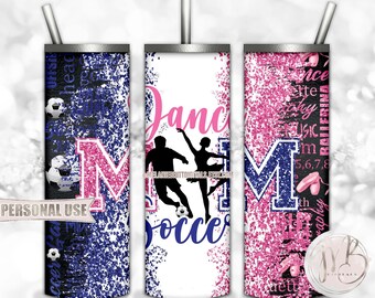 Mom of Both Soccer and Dance 20oz Skinny Tumbler Wrap Sublimation Design Download • Blue and Pink Glitter • DIY Print and Press