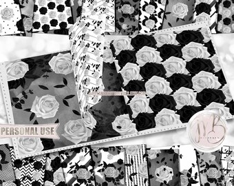 Black and White Rose Watercolor Scrapbook Paper Download • Unique Patterned Floral Rose Design • Printable Paper Crafts 20 12x12 JPG & PDF
