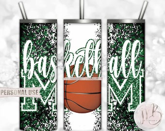 Green Basketball Mom 20oz Skinny Tumbler Wrap Sublimation Download • Leopard Print Glitter Varsity Letters Mom Gift • DIY Print & Press