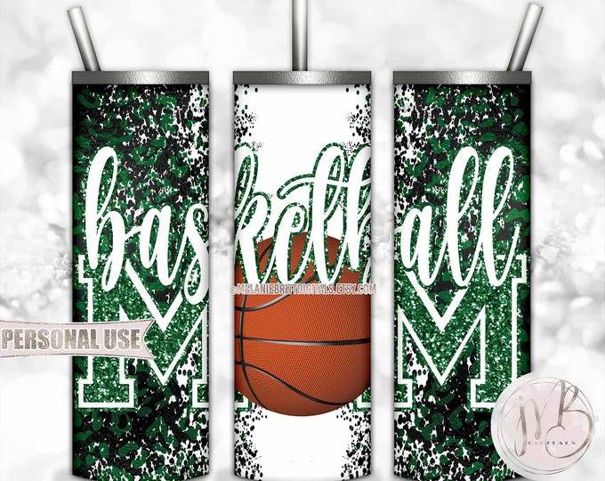 Green Basketball Mom 20oz Skinny Tumbler Wrap Sublimation Download • Leopard Print Glitter Varsity Letters Mom Gift • DIY Print & Press