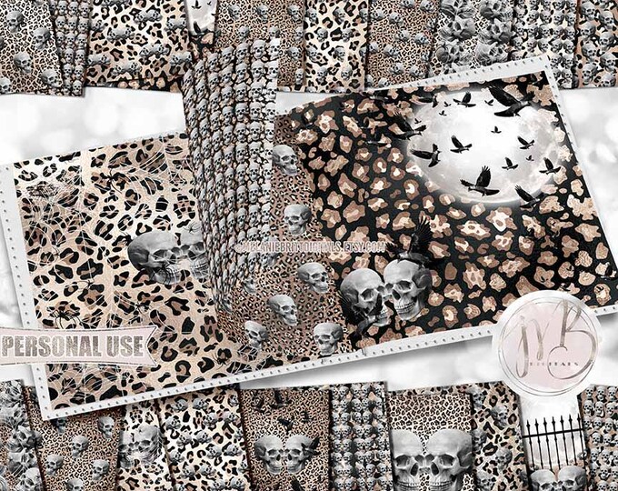 Gothic Skulls and Classic Leopard Scrapbook Paper Download • Full Moon Cobweb Spiders Halloween • Scrapbooking Printable