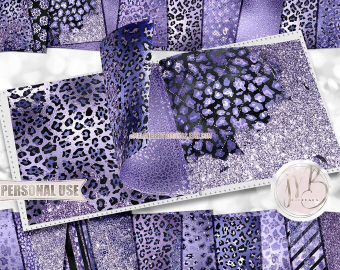 Periwinkle Glam Leopard Scrapbook Paper Download • Sparkling Glitter and Shimmering Foil Design • Printable Paper Crafts 20 12x12 JPG & PDF