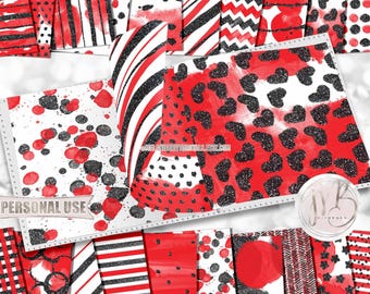 Red Glam Watercolor Scrapbook Paper Download • Black Sparkling Glitter Patterned Paint Design • Printable Paper Crafts 20 12x12 JPG & PDF