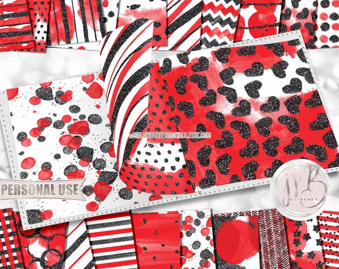 Red Glam Watercolor Scrapbook Paper Download • Black Sparkling Glitter Patterned Paint Design • Printable Paper Crafts 20 12x12 JPG & PDF