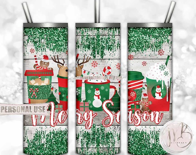 Christmas "Merry Season" Tumbler Wrap Download • Cute Reindeer Gingerbread and Snowman Cup • Sublimation Print and Press #1