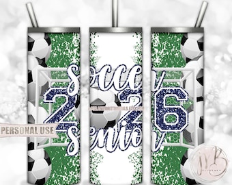 Navy Soccer Senior 2026 20oz Skinny Tumbler Wrap Sublimation Design Download • Soccer Field Goal Glitter Grad Gift • DIY Print and Press