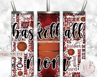 Maroon Basketball Mom 20oz Skinny Tumbler Wrap Sublimation Download • Basketball Typography Sports Basketball Mom Gift • DIY Print and Press