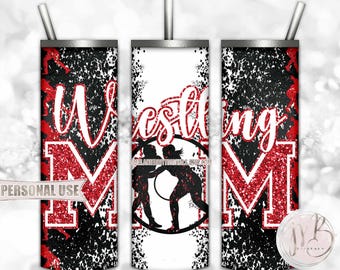 Red Girl Wrestling Mom 20oz Skinny Tumbler Wrap Sublimation Download • Glitter Varsity Letters Wrestler Mom Gift • DIY Print & Press
