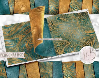Teal and Yellow Swirls Scrapbook Paper Download • Glitter and Foil Swirling Paint Design • Printable Paper Crafts 20 12x12 JPG & PDF