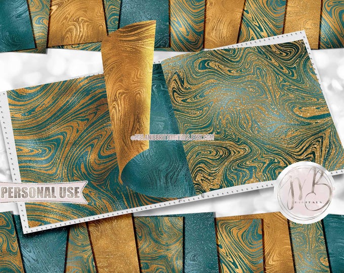 Teal and Yellow Swirls Scrapbook Paper Download • Glitter and Foil Swirling Paint Design • Printable Paper Crafts 20 12x12 JPG & PDF
