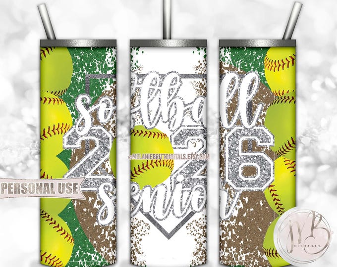 Silver Softball Senior 2026 20oz Skinny Tumbler Wrap Sublimation Design Download • Varsity Softball Glitter Grad Gift • DIY Print & Press