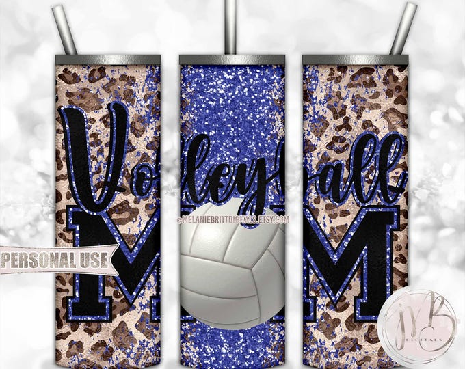 Blue Glitter Volleyball Mom 20oz Skinny Tumbler Wrap Sublimation Design Download • Classic Leopard Print Mom Gift • DIY Print and Press