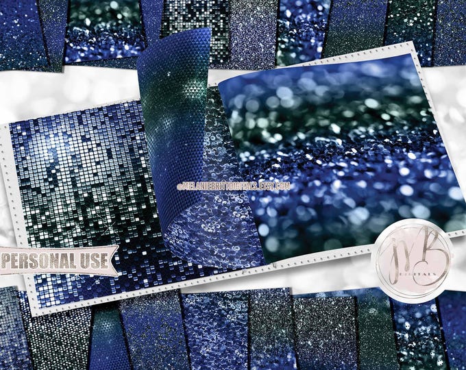 Forest Blue Glitzy Scrapbook Paper Download • Sparkling Glitter Shiny Bokeh Sequins Mosaic Design • Printable Paper Crafts 20 12x12 JPG PDF