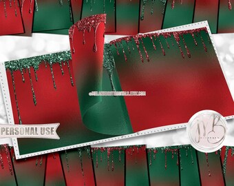 Christmas Dripping Glitter Scrapbook Paper Download • Dark Red and Green Sparkling Glitter Drips • Printable Paper Crafts 20 12x12 JPG & PDF