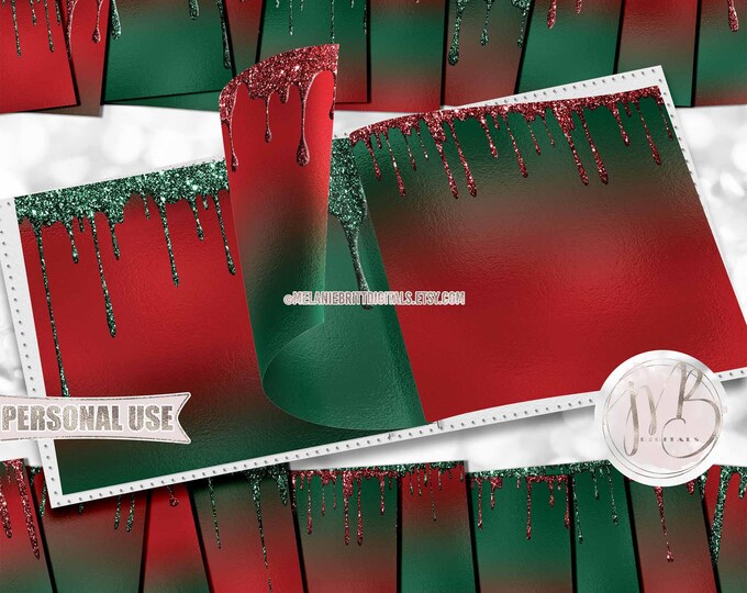Christmas Dripping Glitter Scrapbook Paper Download • Dark Red and Green Sparkling Glitter Drips • Printable Paper Crafts 20 12x12 JPG & PDF