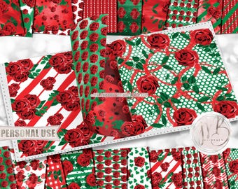 Christmas Rose Watercolor Scrapbook Paper Download • Patterned Floral Design Red and Green • DIY Printable Paper Crafts 20 12x12 JPG & PDF