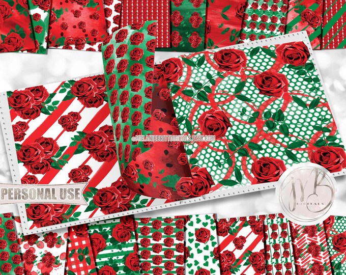Christmas Rose Watercolor Scrapbook Paper Download • Patterned Floral Design Red and Green • DIY Printable Paper Crafts 20 12x12 JPG & PDF