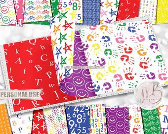 Preschool Doodles Scrapbook Paper Download • Primary Colors Back to School Kindergarten Elementary • Printable Paper Crafts 20 12x12 JPG PDF