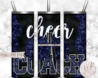 Navy Cheer Coach 20oz Skinny Tumbler Wrap Sublimation Design Download • Pom Poms Megaphone Lanyard Whistle Coach Gift • DIY Print and Press