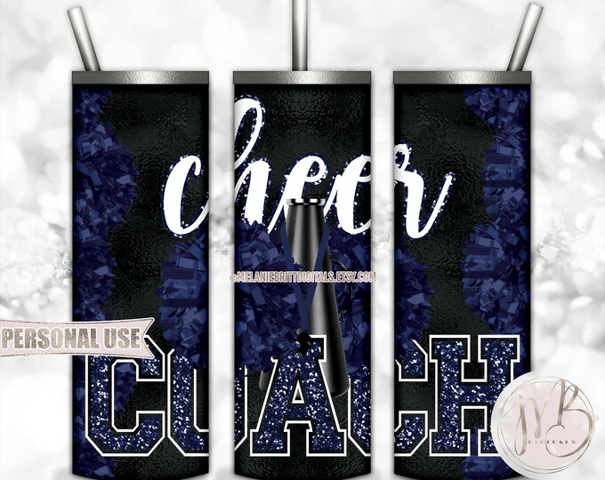Navy Cheer Coach 20oz Skinny Tumbler Wrap Sublimation Design Download • Pom Poms Megaphone Lanyard Whistle Coach Gift • DIY Print and Press