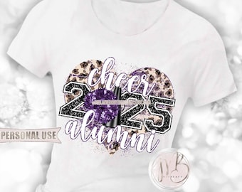 Purple Cheer Alumni 2025 Heart T-Shirt Sublimation Design • Pom Pom Megaphone Classic Leopard Glitter Graduate Gift • DIY Print and Press