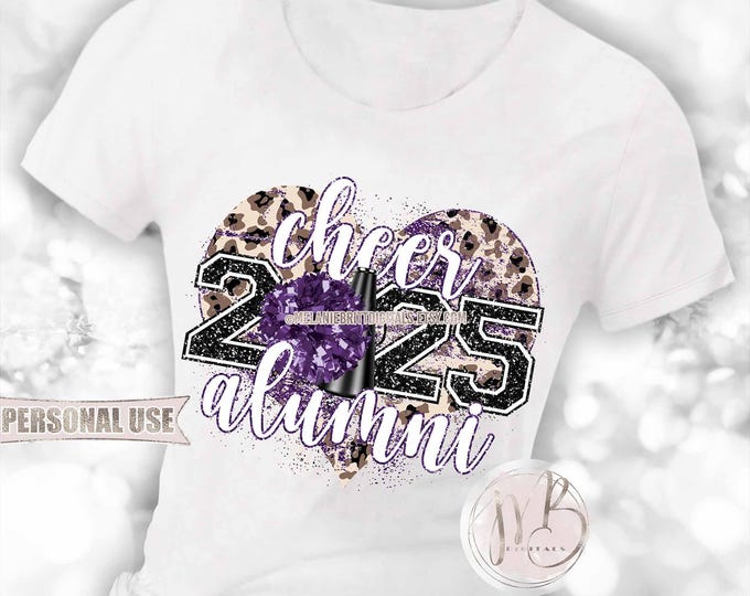 Purple Cheer Alumni 2025 Heart T-Shirt Sublimation Design • Pom Pom Megaphone Classic Leopard Glitter Graduate Gift • DIY Print and Press
