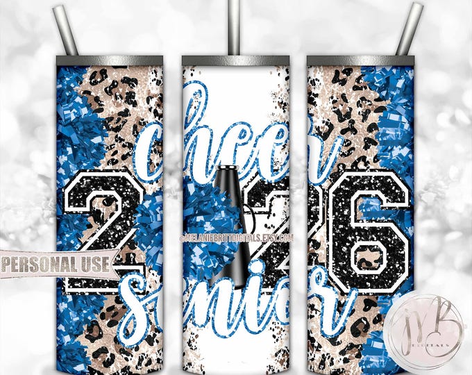 Baby Blue Cheer Senior 2026 20oz Skinny Sublimation Tumbler Wrap Design • Pom Pom Megaphone Classic Leopard Print • DIY Print and Press