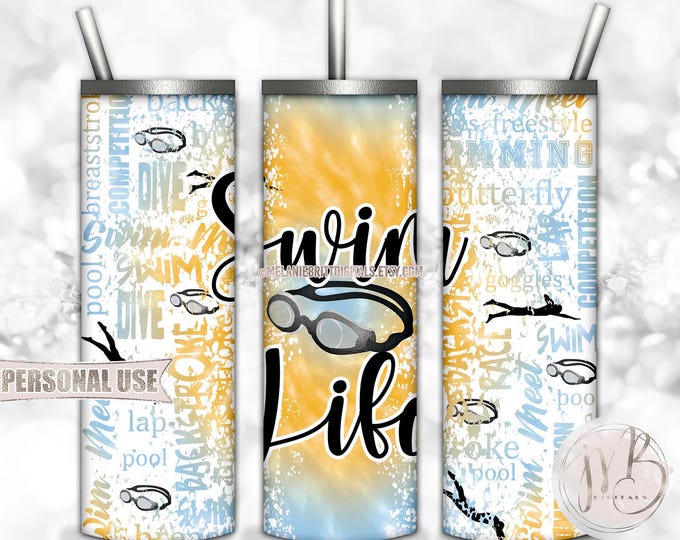 Swim Life 20oz Skinny Tumbler Wrap Sublimation Design Download • Light Blue and Athletic Gold Tie Dye Swimmer Gift • DIY Print & Press