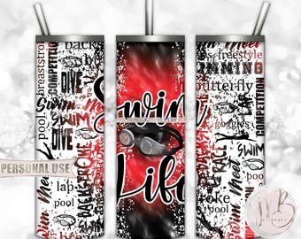 Swim Life 20oz Skinny Tumbler Wrap Sublimation Design Download • Red and Black Tie Dye Swim Team Swimmer Gift • DIY Print & Press