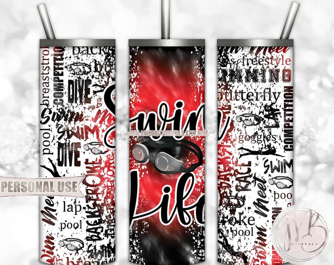 Swim Life 20oz Skinny Tumbler Wrap Sublimation Design Download • Red and Black Tie Dye Swim Team Swimmer Gift • DIY Print & Press