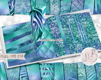 Blue Turquoise Luxury Scrapbook Paper Download • Luxurious Sparkling Glitter and Shimmering Foil • Printable Paper Crafts 20 12x12 JPG & PDF