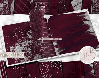 Glam Scrapbook Paper Download • Burgundy and Silver Sparkling Glitter and Shimmering Foil Design • Printable Paper Crafts 20 12x12 JPG & PDF