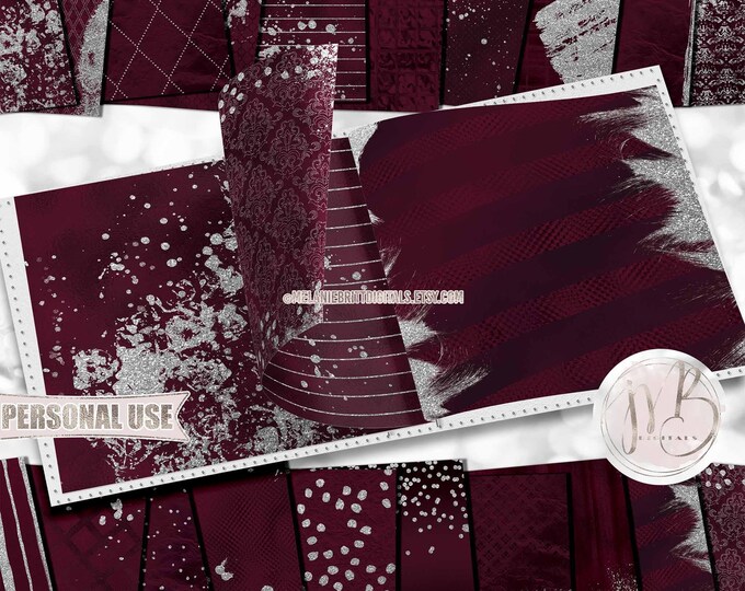 Glam Scrapbook Paper Download • Burgundy and Silver Sparkling Glitter and Shimmering Foil Design • Printable Paper Crafts 20 12x12 JPG & PDF