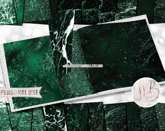 Emerald Green Marble Scrapbook Paper Download • Realistic Stone Glitter & Foil Cracked Vein Design • Printable Paper Crafts 20 12x12 JPG PDF