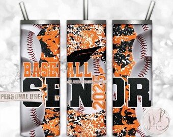 Orange Baseball Senior 2025 20oz Skinny Tumbler Wrap Sublimation Design Download • Camouflage Baseball Graduation Gift • DIY Print and Press